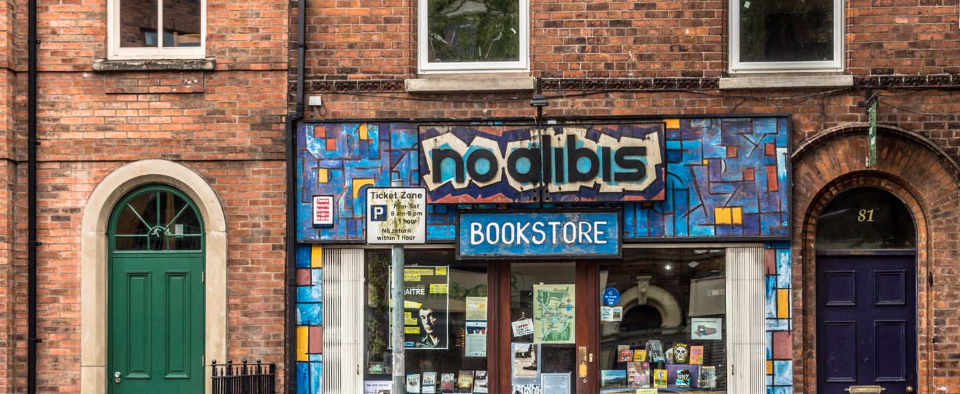 Shelves of detective and mystery novels in a bookshop