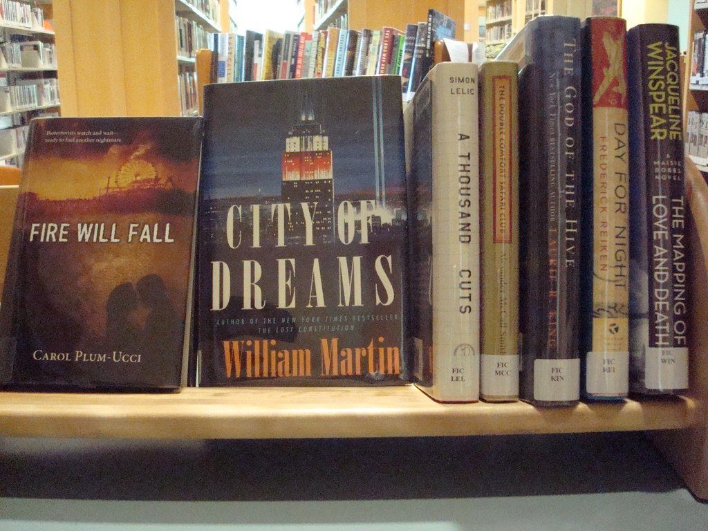 Thriller and suspense hardbacks lined up on a library shelf