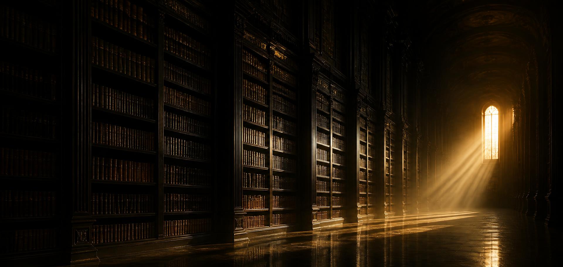 Endless library shelves lit by a shaft of golden light